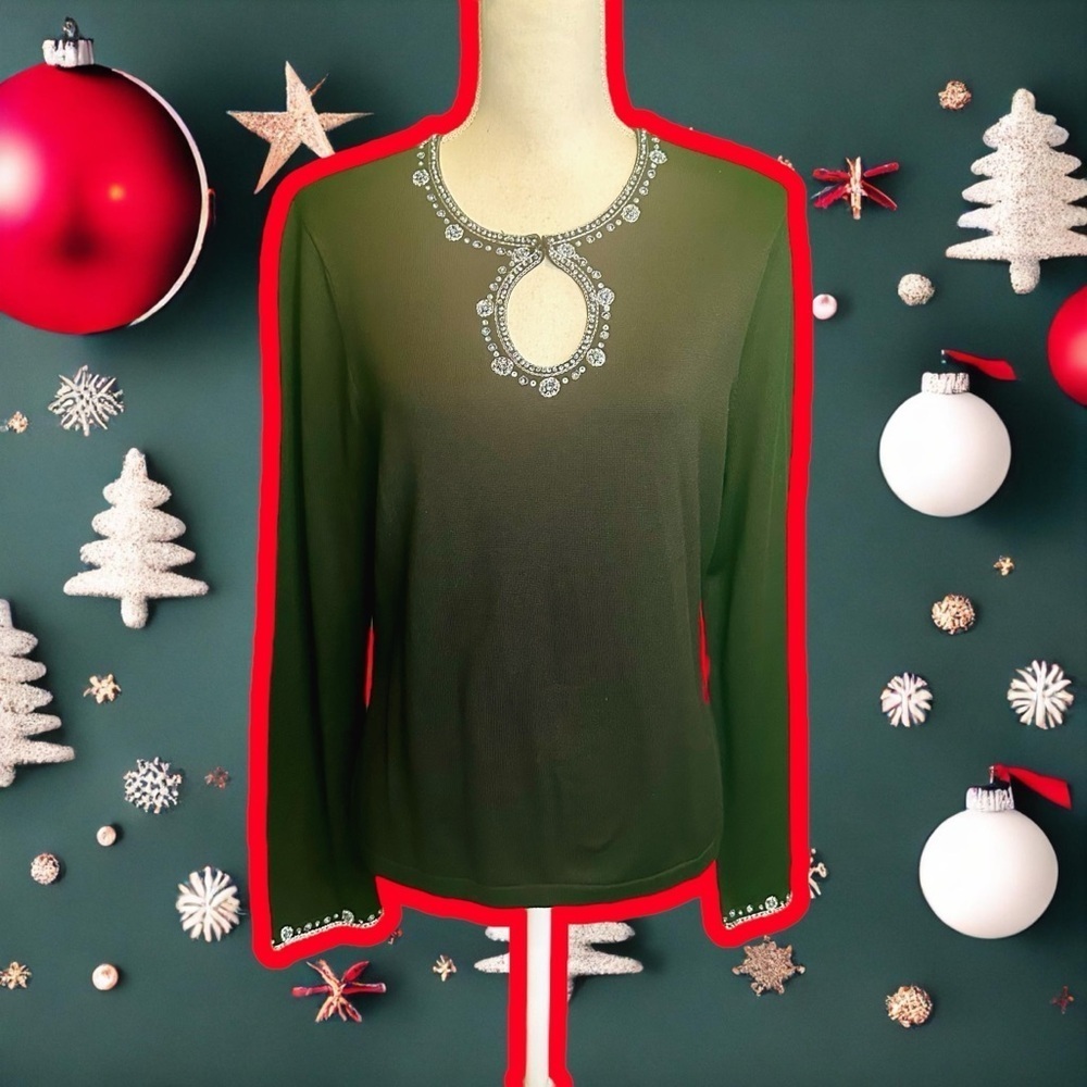 Talbots Black Silk-Blend Blue Beaded Keyhole Neckline Long Sleeve Top Size Large